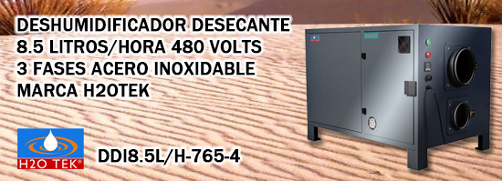 DESHUMIDIFICADOR DESECANTE INDUSTRIAL 8.5 LITROS/HORA 280 VOLTS 3 FASES 60  HZ PORTÁTIL O ESTACIONARIO ACERO INOXIDABLE MARCA H2OTEK MOD.  DDI8.5L/H-736-4 - H2otek